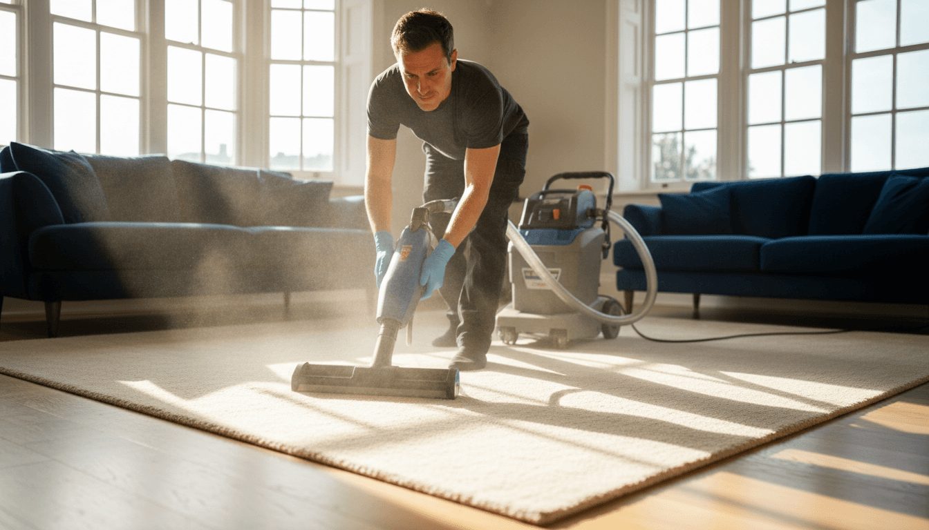 Professional carpet cleaning service in progress in a London home