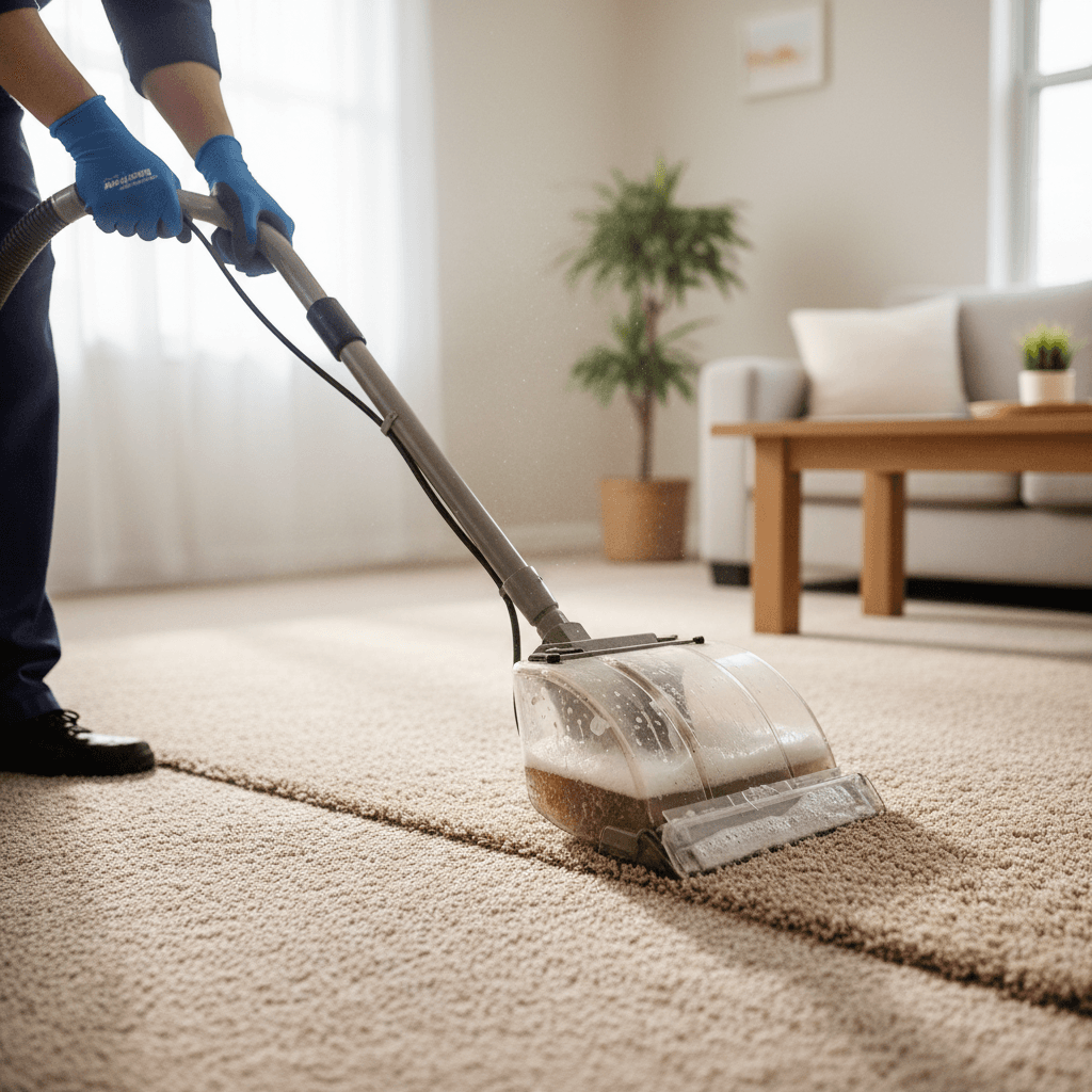Professional carpet cleaning technician using steam extraction equipment on residential carpet in London
