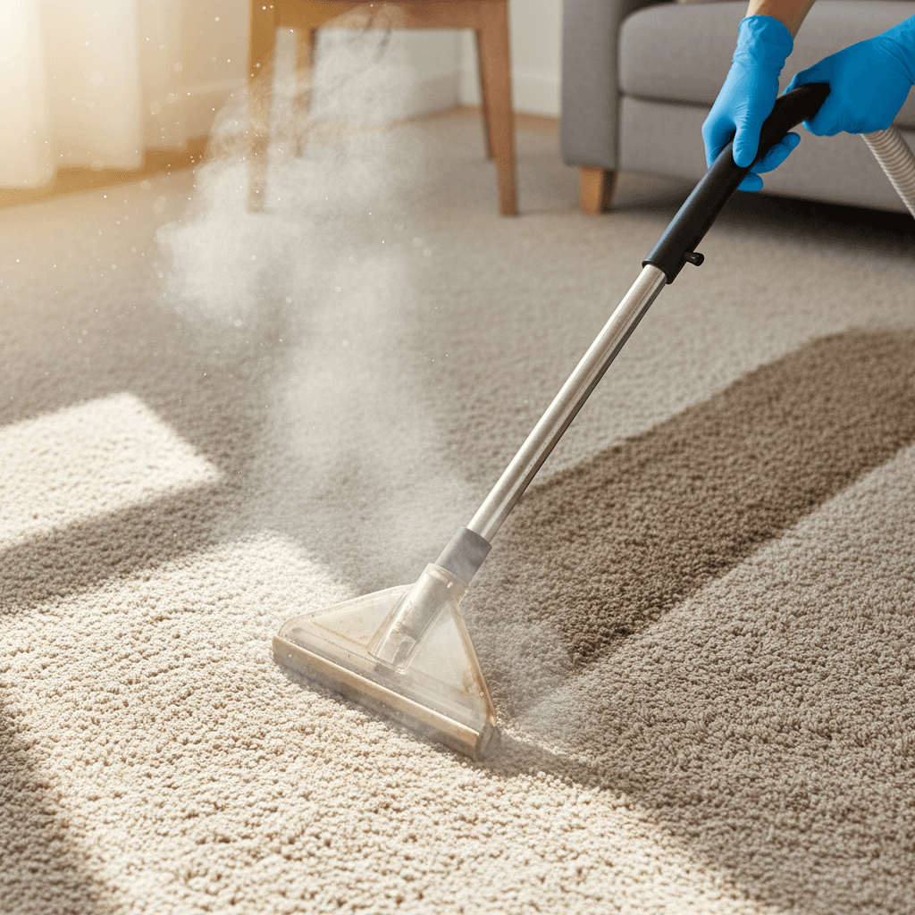 Carpet cleaning equipment removing dirt and stains from residential carpet